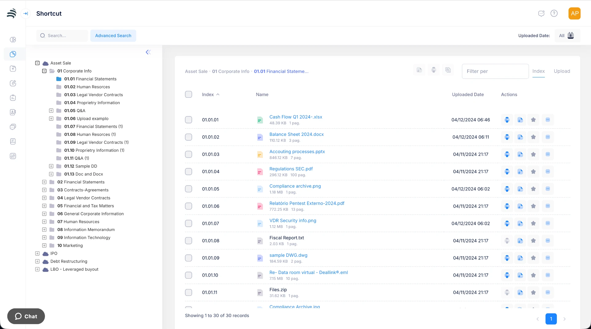 Folder tree and list of indexed documents in the Deallink data room